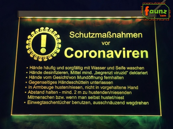 LED Leuchtschild Gesundheitswesen Medizin Sanität Gravur "Schutzmaßnahmen vor Coronaviren" Infektion Hygiene Hinweisschild Signalschild Warnschild Warnzeichen