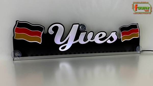 LED Namensschild Symbolik Flagge Deutschland BRD Gravur "Yves" oder Wunschname + beliebige Fahne horizontal dreifarbig als Konturschnitt - Truckerschild Neonschild Leuchtschild