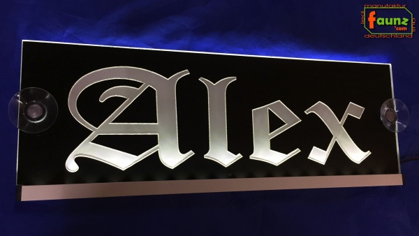 LED Namensschild Gravur "Alex" oder Wunschname in Frakturschrift Oldenglish auf Rechteckplatte - Truckerschild Neonschild Leuchtschild