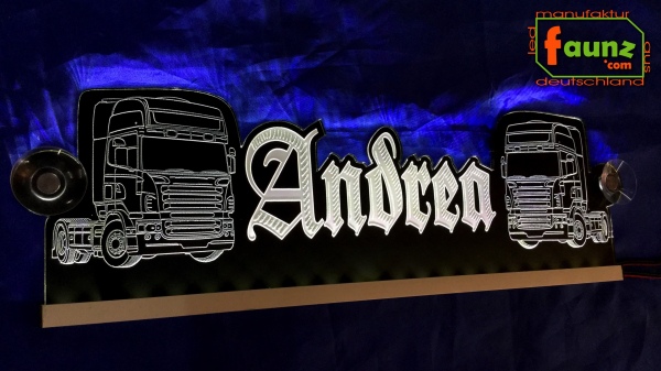 LED Namensschild Detailzeichnung Zugmaschine Gravur "Andrea" oder Wunschname als Konturschnitt - Truckerschild Neonschild Leuchtschild