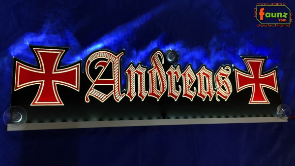 LED Namensschild Symbolik Eisernes Kreuz Gravur "Andreas" oder Wunschname als Konturschnitt - Truckerschild Neonschild Leuchtschild