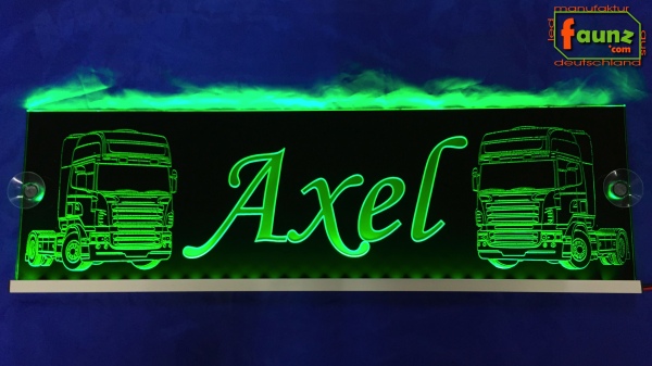 LED Namensschild Detailzeichnung Zugmaschine Gravur "Axel" oder Wunschname auf Rechteckplatte - Truckerschild Neonschild Leuchtschild