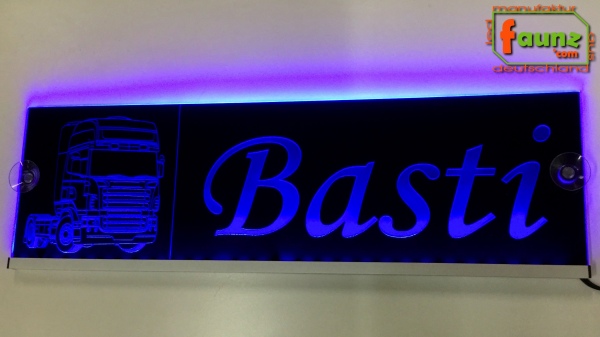 LED Namensschild Detailzeichnung Zugmaschine Gravur "Basti" oder Wunschname auf Rechteckplatte - Truckerschild Neonschild Leuchtschild