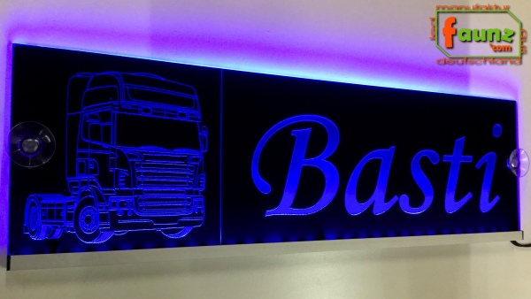 LED Namensschild Detailzeichnung Zugmaschine Gravur "Basti" oder Wunschname auf Rechteckplatte - Truckerschild Neonschild Leuchtschild
