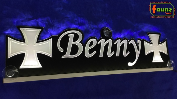 LED Namensschild Symbolik Eisernes Kreuz Gravur "Benny" oder Wunschname als Konturschnitt - Truckerschild Neonschild Leuchtschild