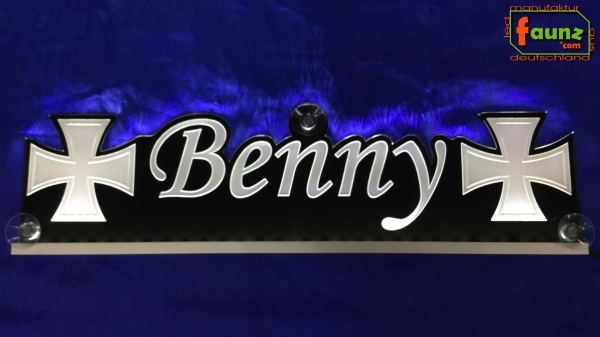 LED Namensschild Symbolik Eisernes Kreuz Gravur "Benny" oder Wunschname als Konturschnitt - Truckerschild Neonschild Leuchtschild