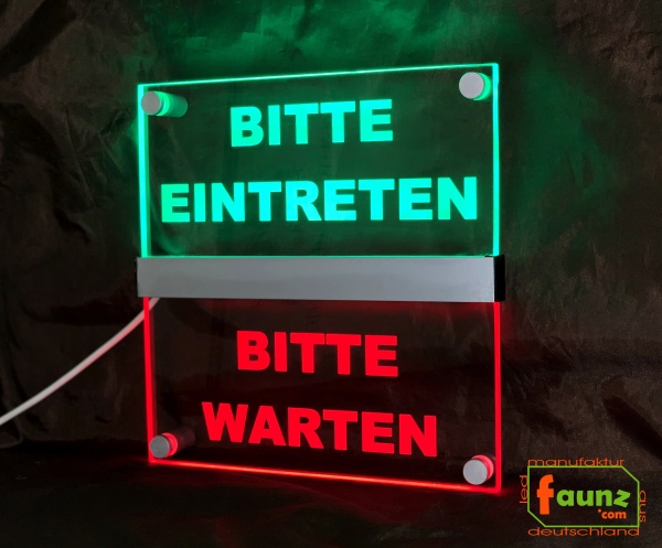 LED Hinweisschild " Bitte eintreten - Bitte warten ", Farbmodi getrennt steuerbar grün - rot. Wegweiser Leuchtschild Türschild