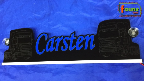 LED Namensschild Detailzeichnung Zugmaschine Gravur "Carsten" oder Wunschname als Konturschnitt - Truckerschild Neonschild Leuchtschild