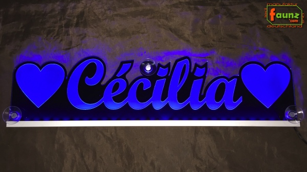 LED Namensschild Symbolik Herzen "Cécilia" oder Wunschname als Konturschnitt - Truckerschild Neonschild Leuchtschild