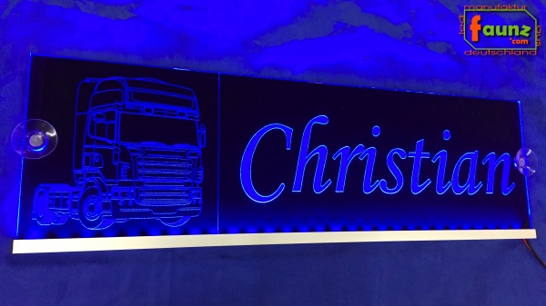 LED Namensschild Detailzeichnung Zugmaschine Gravur "Christian" oder Wunschname auf Rechteckplatte - Truckerschild Neonschild Leuchtschild