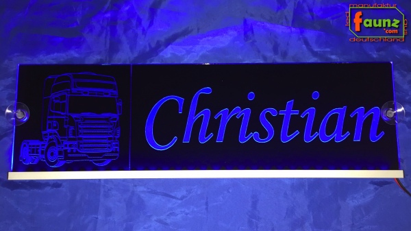 LED Namensschild Detailzeichnung Zugmaschine Gravur "Christian" oder Wunschname auf Rechteckplatte - Truckerschild Neonschild Leuchtschild