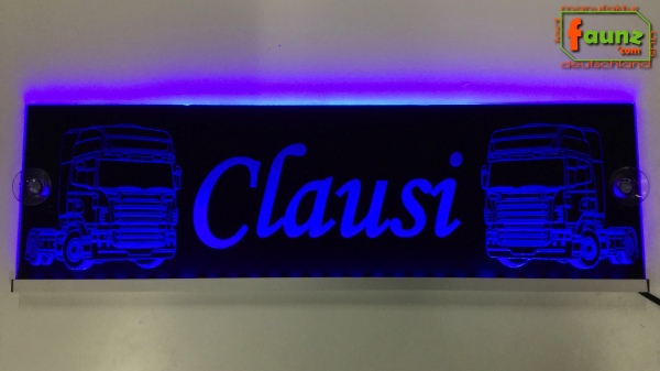 LED Namensschild Detailzeichnung Zugmaschine Gravur "Clausi" oder Wunschname auf Rechteckplatte - Truckerschild Neonschild Leuchtschild