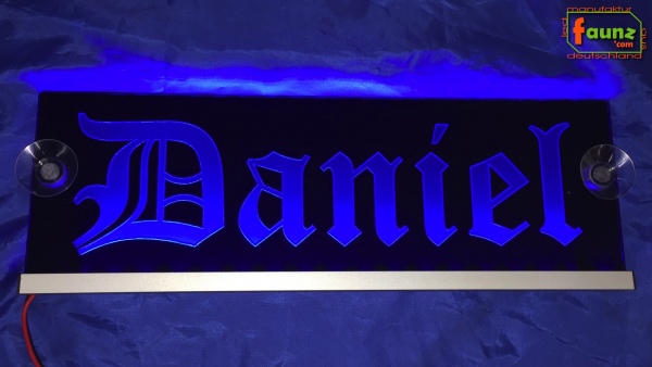 LED Namensschild Gravur "Daniel" oder Wunschname in Frakturschrift Oldenglish auf Rechteckplatte - Truckerschild Neonschild Leuchtschild