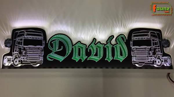 LED Namensschild Detailzeichnung Zugmaschine Gravur "David" oder Wunschname als Konturschnitt - Truckerschild Neonschild Leuchtschild