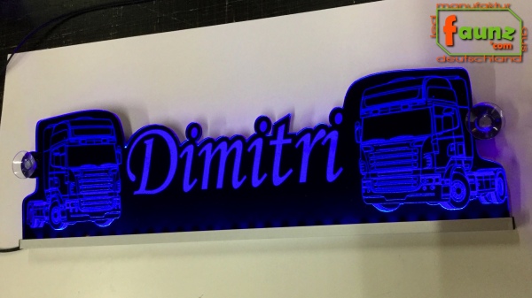 LED Namensschild Detailzeichnung Zugmaschine Gravur "Dimitri" oder Wunschname als Konturschnitt - Truckerschild Neonschild Leuchtschild