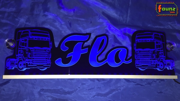 LED Namensschild Detailzeichnung Zugmaschine Gravur "Flo" oder Wunschname als Konturschnitt - Truckerschild Neonschild Leuchtschild