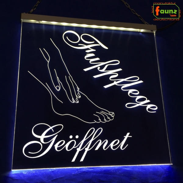 LED Werbeschild Firmenschild quadratisch Gravur "Fußpflege geöffnet" Arztschild Kanzleischild Ladenschild Praxisschild Leuchtreklame Leuchtschild