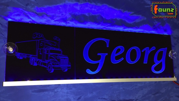 LED Namensschild Detailzeichnung Zugmaschine Gravur "Georg" oder Wunschname auf Rechteckplatte - Truckerschild Neonschild Leuchtschild