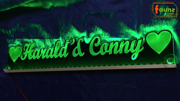 LED Namensschild Duo Gravur "Harald & Conny" oder Wunschnamen Paar  mit Symbolik Herzen als Konturschnitt - Truckerschild Leuchtschild