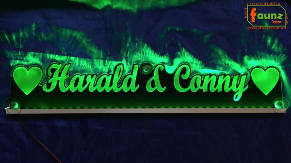 LED Namensschild Duo Gravur "Harald & Conny" oder Wunschnamen Paar  mit Symbolik Herzen als Konturschnitt - Truckerschild Leuchtschild