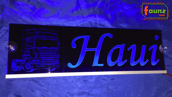 LED Namensschild Detailzeichnung Zugmaschine Gravur "Haui" oder Wunschname auf Rechteckplatte - Truckerschild Neonschild Leuchtschild