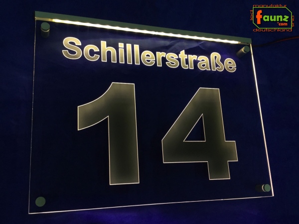 LED Hausnummer Ziffer + Straßenname "14" - individuelle Gravur Hausnummernleuchte Hausnummernschild Außenwandleuchte Außenlampe Leuchtschild