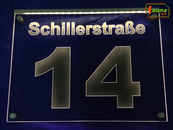 LED Hausnummer Ziffer + Straßenname "14" - individuelle Gravur Hausnummernleuchte Hausnummernschild Außenwandleuchte Außenlampe Leuchtschild