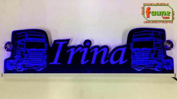 LED Namensschild Detailzeichnung Zugmaschine Gravur "Irina" oder Wunschname als Konturschnitt - Truckerschild Neonschild Leuchtschild