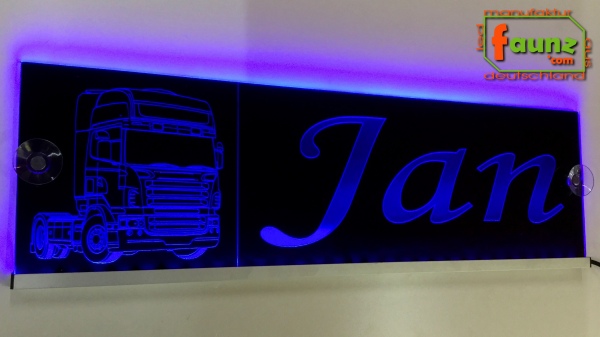 LED Namensschild Detailzeichnung Zugmaschine Gravur "Jan" oder Wunschname auf Rechteckplatte - Truckerschild Neonschild Leuchtschild