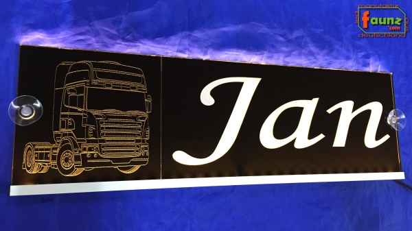 LED Namensschild Detailzeichnung Zugmaschine Gravur "Jan" oder Wunschname auf Rechteckplatte - Truckerschild Neonschild Leuchtschild