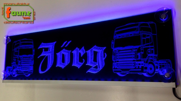 LED Namensschild Detailzeichnung Zugmaschine Gravur "Jörg" oder Wunschname in Frakturschrift Altdeutsch auf Rechteckplatte - Truckerschild Neonschild Leuchtschild