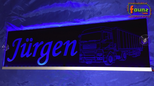 LED Namensschild Detailzeichnung Zugmaschine Gravur "Jürgen" oder Wunschname auf Rechteckplatte - Truckerschild Neonschild Leuchtschild