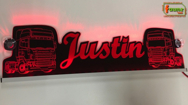 LED Namensschild Detailzeichnung Zugmaschine Gravur "Justin" oder Wunschname als Konturschnitt - Truckerschild Neonschild Leuchtschild
