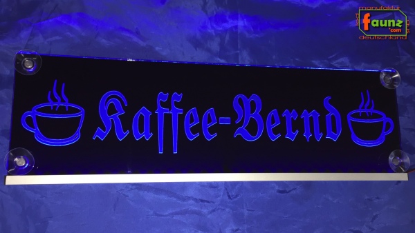 LED Namensschild Symbolik Kaffeetasse Gravur "Kaffee-Bernd" oder Wunschname in Frakturschrift Altdeutsch als Konturschnitt - Truckerschild Neonschild Leuchtschild