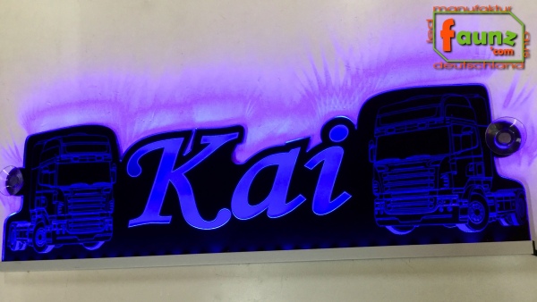 LED Namensschild Detailzeichnung Zugmaschine Gravur "Kai" oder Wunschname als Konturschnitt - Truckerschild Neonschild Leuchtschild