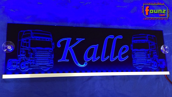 LED Namensschild Detailzeichnung Zugmaschine Gravur "Kalle" oder Wunschname auf Rechteckplatte - Truckerschild Neonschild Leuchtschild