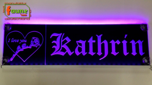 LED Namensschild Detailzeichnung Rose Gravur "Katrin - I love you" oder Wunschname auf Rechteckplatte - Truckerschild Neonschild Leuchtschild