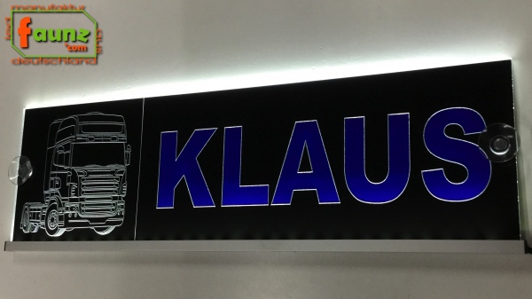 LED Namensschild Detailzeichnung Zugmaschine Gravur "KLAUS" oder Wunschname auf Rechteckplatte - Truckerschild Neonschild Leuchtschild