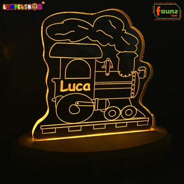 Lampelinos LED Nachtlicht "Lokomotive" Kinderlampe Schlummerleuchte + Ihr Wunschname als individuelle Acrylglas-Gravur