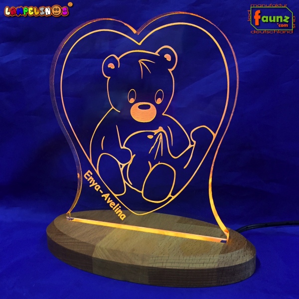 Lampelinos LED Nachtlicht "Teddybär" Kinderlampe Schlummerleuchte + Ihr Wunschname als individuelle Acrylglas-Gravur