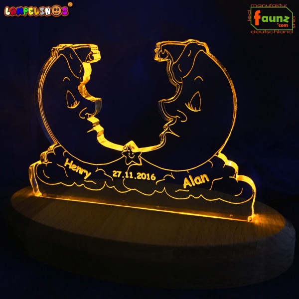 Lampelinos LED Nachtlicht "Zwillingsmond" Kinderlampe Schlummerleuchte + Ihr Wunschname als individuelle Acrylglas-Gravur