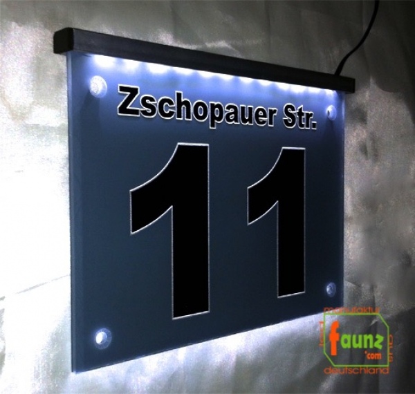 LED Hausnummer Ziffer + Straßenname "11" - individuelle Gravur Hausnummernleuchte Hausnummernschild Außenwandleuchte Außenlampe Leuchtschild
