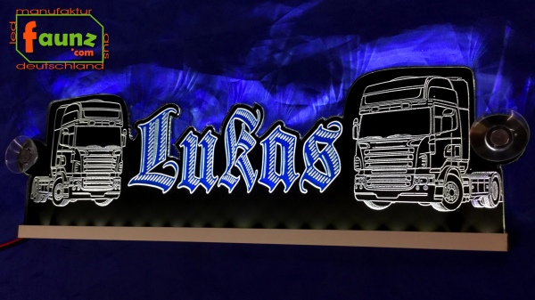 LED Namensschild Detailzeichnung Zugmaschine Gravur "Lukas" oder Wunschname als Konturschnitt - Truckerschild Neonschild Leuchtschild