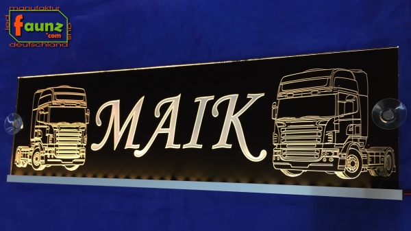 LED Namensschild Detailzeichnung Zugmaschine Gravur "MAIK" oder Wunschname auf Rechteckplatte - Truckerschild Neonschild Leuchtschild