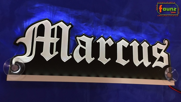 Ihr LED Wunschname "Marcus" Altdeutsch Frakturschrift Namensschild Leuchtschild Truckerschild Konturschnitt