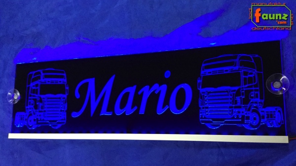 LED Namensschild Detailzeichnung Zugmaschine Gravur "Mario" oder Wunschname auf Rechteckplatte - Truckerschild Neonschild Leuchtschild