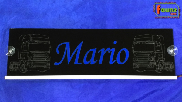 LED Namensschild Detailzeichnung Zugmaschine Gravur "Mario" oder Wunschname auf Rechteckplatte - Truckerschild Neonschild Leuchtschild