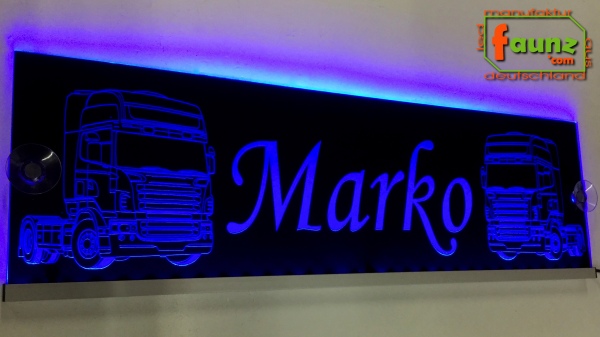 "LED Namensschild Detailzeichnung Zugmaschine Gravur ""Marko"" oder Wunschname auf Rechteckplatte - Truckerschild Neonschild Leuchtschild"