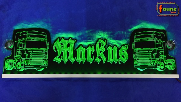 LED Namensschild Detailzeichnung Zugmaschine Gravur "Markus" oder Wunschname in Frakturschrift Altdeutsch als Konturschnitt - Truckerschild Neonschild Leuchtschild