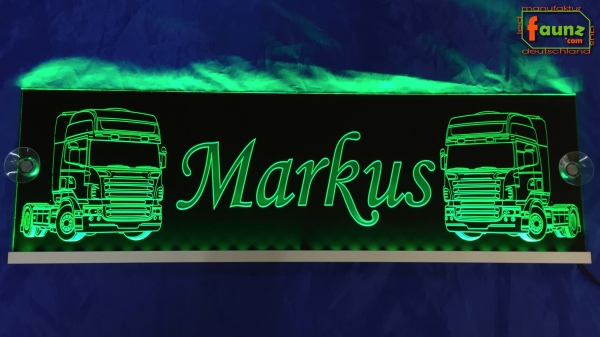 LED Namensschild Detailzeichnung Zugmaschine Gravur "Markus" oder Wunschname auf Rechteckplatte - Truckerschild Neonschild Leuchtschild